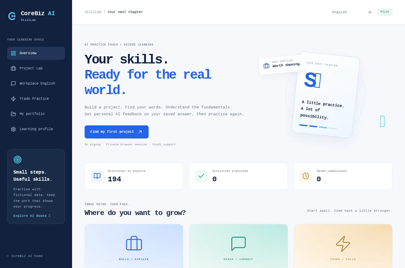 CoreBiz SkillLab overview with project, workplace English and trade practice tracks in a fresh browser session